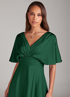 Azazie Pamela Abiti da Damigella Abito A-Line in Raso Elasticizzato Plissettato Verde Scuro image5