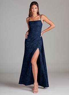 Azazie Denisa Bridesmaid Dresses Dark Navy Sheath Pleated Floral Burnout Dress image3