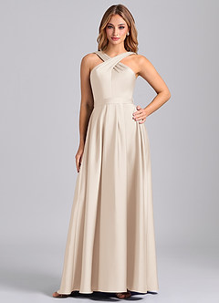 Azazie Dixie 신부 들러리 드레스 A라인 주름진 스트레치 새틴 바닥 길이 드레스 image1