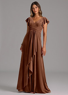 Azazie Omari Vestidos de damas de honor Vestido de Ocre Oscuro de terciopelo de Corte en A con Plisado image1