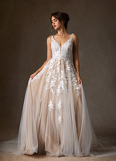 Azazie Sorella Wedding Dresses Diamond White Sand A-Line V-Neck Sequins Tulle Dress image6