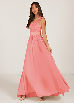 Azazie Gertrude Bridesmaid Dresses Coral A-Line Lace Chiffon Dress image3