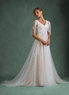 Azazie Renesmee Wedding Dresses Diamond White Champagne A-Line Sequins Tulle Dress image3