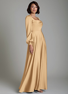 Azazie Solana Robes de demoiselle d'honneur Robe Trapèze en Satin extensible Manches longues Or image5