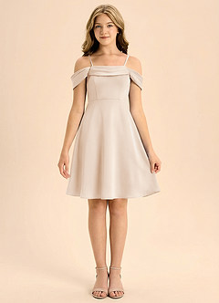 Azazie Anselie Junior Jurk van Stretch Satijn met A-Lijn Geplooid Wit Albast image3