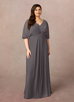 Azazie Oksana vestidos de madre de la novia Vestido de Gris Acero de Gasa de Corte En A con Cuello en V Plisado image6