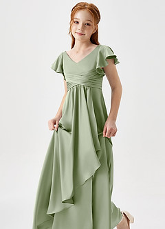 Azazie Omari Junior Vestido de Salvia Polvorienta de Satén Elástico de Corte En A con Plisado image6