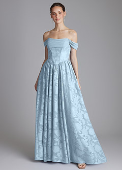 Azazie Raisa Bridesmaid Dresses Sky Blue A-Line Off the Shoulder Floral Burnout Dress image1