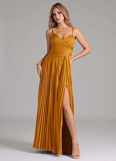 Azazie Vini Bridesmaid Dresses Butterscotch A-Line Pleated Stretch Satin Dress image1