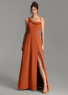 Azazie Thea Vestidos de damas de honor Vestido Naranja Quemada de Gasa de Línea A con Un hombro image6