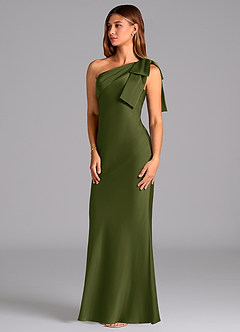 Azazie Yuanna Bridesmaid Dresses Bright Olive Mermaid One Shoulder Stretch Satin Dress image4