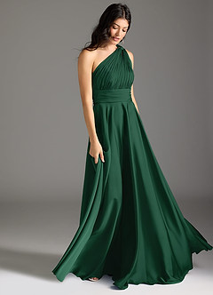 Azazie Charlize Bridesmaid Dresses Dark Green A-Line One Shoulder Stretch Satin Dress image3