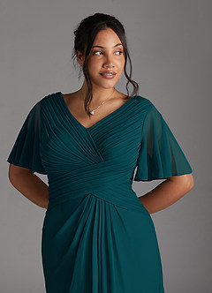 Azazie Emmeline Mother of the Bride Dresses Pine A-Line V-Neck Pleated Mesh Dress image9