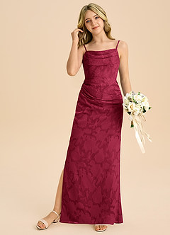 Azazie Mai Junior Burgundy Sheath Pleated Floral Burnout Dress image3