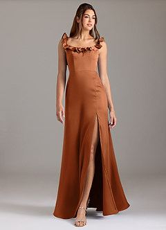 Azazie Callie Bridesmaid Dresses Copper A-Line Ruched Stretch Satin Convertible Dress image3