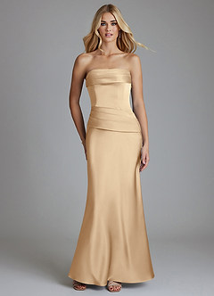 Azazie Lenya Final Sale Champagne Sheath Pleated Stretch Satin Dress image1