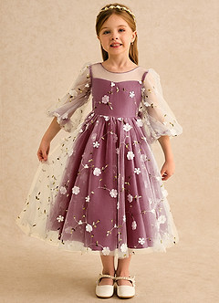 Azazie Elowen Robe Demoiselle D'honneur Fillette Robe Trapèze en Dentelle Encolure en Forme de Cœur Bourgogne image1