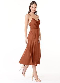 Azazie Ceci Bridesmaid Dresses A-Line Side Slit Stretch Satin Tea-Length Dress image4