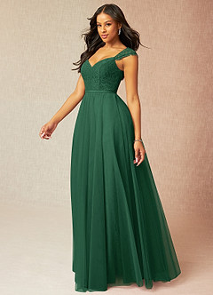 Azazie Luxi Bridesmaid Dresses Dark Green A-Line Pleated Tulle Dress image3