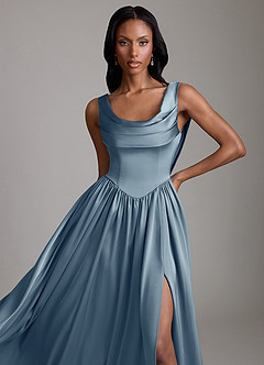 Azazie Novi Bridesmaid Dresses Dusty Blue A-Line with Pockets Stretch Satin Dress image3