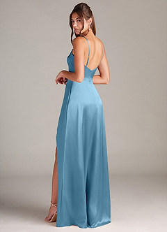 Azazie Sarella Bridesmaid Dresses Steel Blue A-Line with Pockets Metallic Satin Dress image4