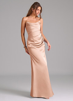 Azazie Lucille Vestidos de damas de honor Vestido de Oro Rosa de Satén Elástico de Corte Sirena Convertible con Sin tirantes image5