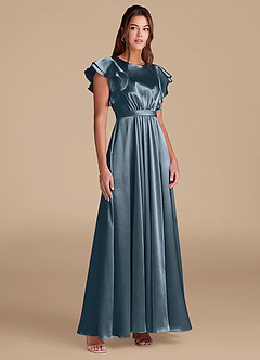 Azazie Daphne Modest Bridesmaid Dresses A-Line Ruched Metallic Satin Floor-Length Dress image4