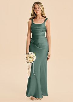Azazie Agustina Junior Eucalyptus Sheath Pleated Stretch Satin Dress image4