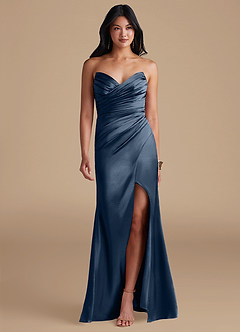 Azazie Yola Bridesmaid Dresses Dark Navy Sheath Pleated Metallic Satin Dress image1