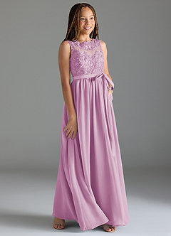 Azazie Elly Junior Jurk van Chiffon met A-Lijn Kant Snoep Roze image4