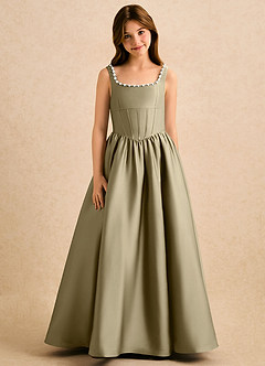 Azazie Enid Girls Formal Blomsterpigekjoler A-Line Perlebesat Stræk satin Gulv-længde Kjole image5