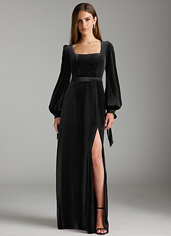 Azazie Leonia Bridesmaid Dresses Black A-Line Long Sleeve Velvet Dress image1
