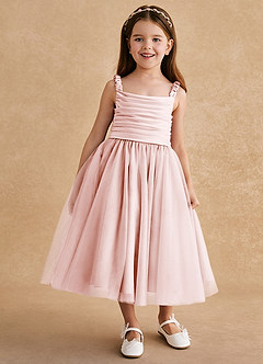 Azazie Gabbie Robe Demoiselle D'honneur Fillette Robe Trapèze en Mat Satiné Plissée Rose Pâle image1
