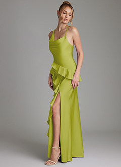 Azazie Jayda Bridesmaid Dresses Lemongrass A-Line Ruched Stretch Satin Dress image5