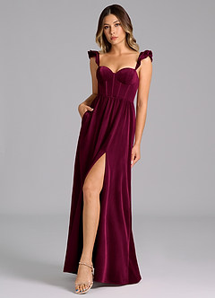 Azazie Denisse Bridesmaid Dresses Cabernet A-Line Ruched Velvet Dress image1