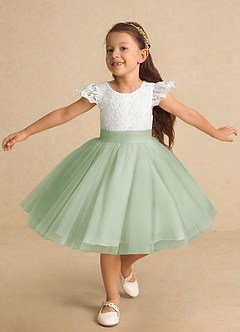 Azazie Vetty Flower Girl Dresses Ivory Dusty Sage A-Line Lace Tulle Dress image5