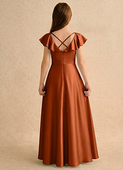 Azazie Nari Girls Formal Flower Girl Dresses Burnt Orange A-Line with Sleeves Matte Satin Dress image2