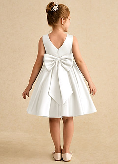 Azazie Chickpea Flower Girl Dresses Ivory A-Line Bow Matte Satin Dress image2