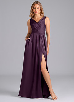 Azazie Karina Bridesmaid Dresses Plum A-Line Pleated Stretch Satin Dress image1
