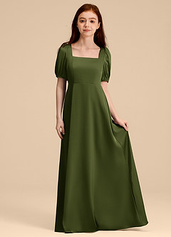 Azazie Briar Junior Robe Trapèze en Satin extensible Arc Olive image3