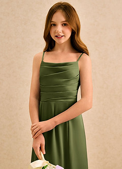 Azazie Chamomile Girls Formal Flower Girl Dresses Olive A-Line Pleated Stretch Satin Dress image6