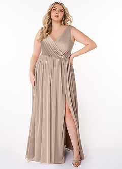 Azazie Tanicia Bridesmaid Dresses Taupe A-Line V-Neck Pleated Mesh Dress image5