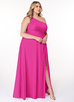 Azazie Brooke Vestidos de damas de honor Vestido de Fucsia de Malla de Corte En A con Hombro unilateral image9