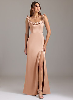 Azazie Callie 신부 들러리 드레스 A라인 셔링 스트레치 새틴 바닥 길이 드레스 image1