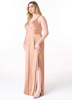 Azazie Aqua Bridesmaid Dresses Rose Gold A-Line V-Neck Pleated Stretch Satin Dress image10