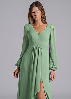 Azazie Liah Bridesmaid Dresses Matcha A-Line Long Sleeve Chiffon Dress image6