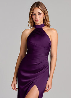 Azazie Karlotta 신부 들러리 드레스 쉬스 주름진 스트레치 새틴 바닥 길이 드레스 image6