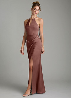 Azazie Aidyn Bridesmaid Dresses Espresso Sheath Pleated Stretch Satin Dress image4