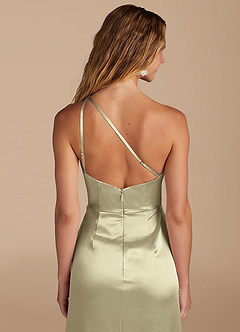 Azazie Mika Bridesmaid Dresses Moss Green Sheath One Shoulder Metallic Satin Dress image2