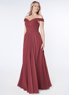 Azazie Audrianna At-home Try On Dresses Burgundy A-Line Off-The-Shoulder Gathered Chiffon Convertible Dress image2